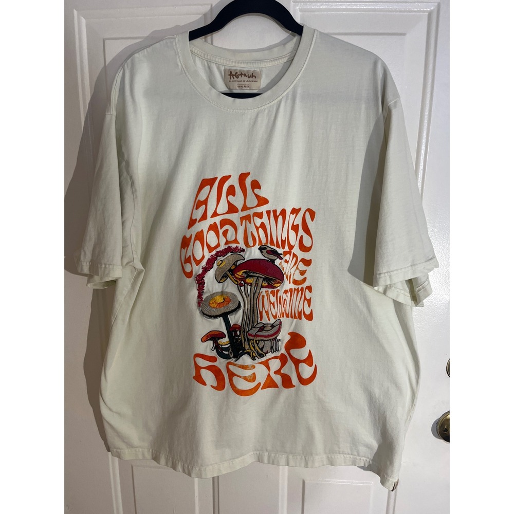 AGTAWH T-Shirt Mens XXL White Mushroom Graphic Embroidered Psychedelic Tee